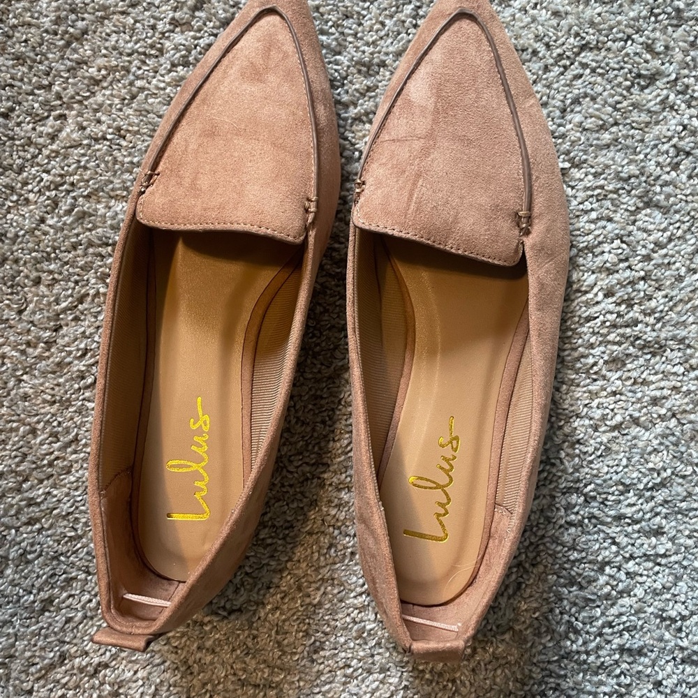 Lulu's Beige Suede Flats Minimalist Pointed-Toe Design